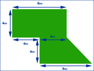 Garden layout, made up of three shapes: a rectangle of 4m by 8 m and a 4m square and a 4m by 4m right angled triangle.